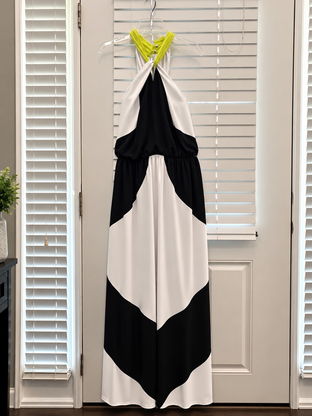 Vince Camuto Black & White Halter Maxi Dress with Lime Halter